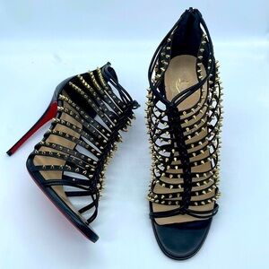 Christian Louboutin Black gold studded gladiator Milla Clou ankle heels EU 38.5